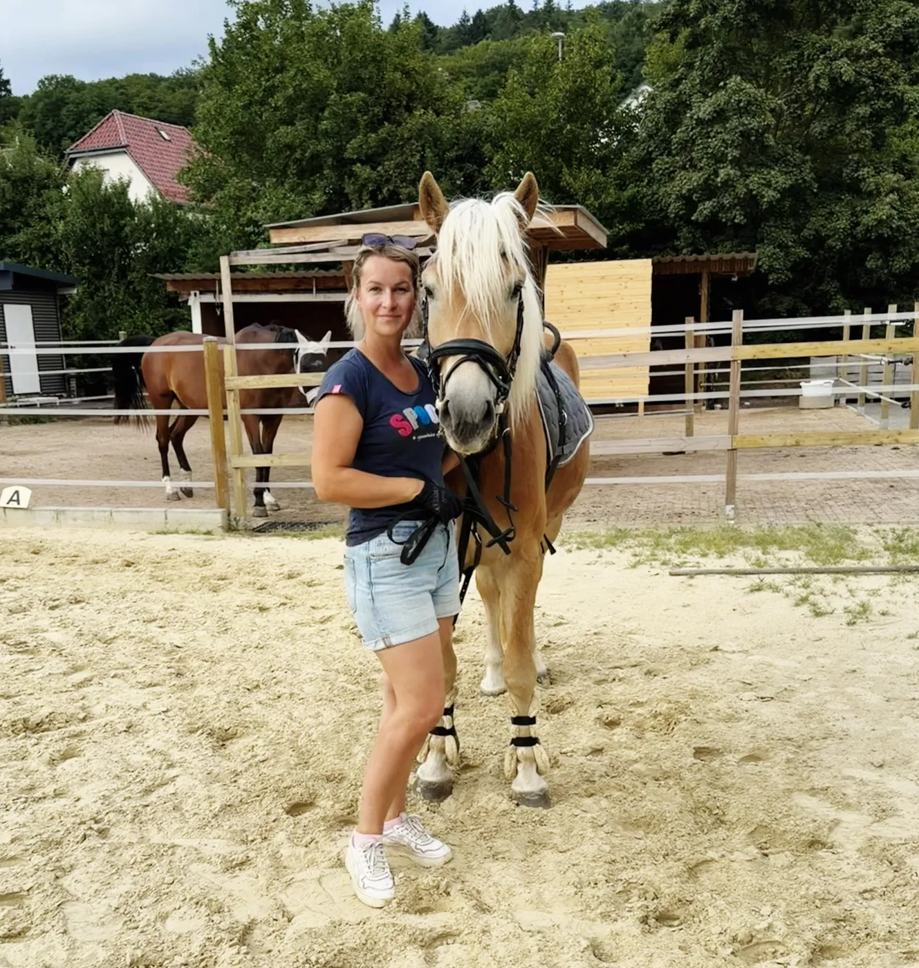 Isa mit Haflinger auf dem Reitplatz